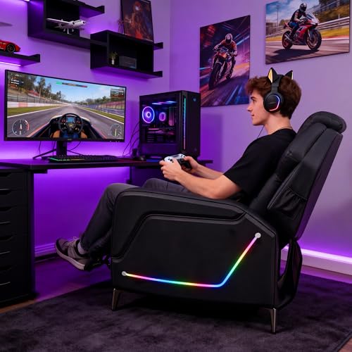 SnyFivv Gaming Recliner Chair with LED Lights, Racing Style PU Leather Gaming Recliner for Adults, Ergonomic Push-Back Recliner with Lumbar Pillow, Home Theater Seating with Side Pockets, Black
