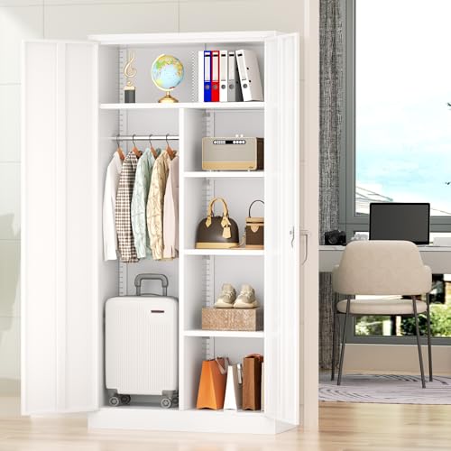Greenvelly Metal Wardrobe Cabinet with Locking Doors, 72" H x 36" W White Metal Wardrobe Closet Cabinet with Hanging Rods and Adjustable Shelves, Steel Storage Closet for Home, Office, Employee, Gym Greenvelly