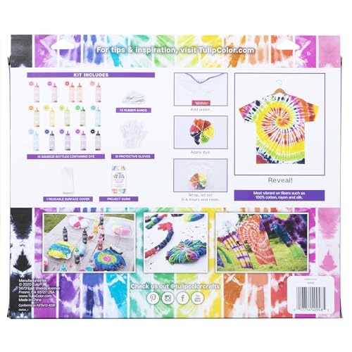 Tulip One-Step Tie-Dye Kit Party for 5, Large Party Activity, Arts & Crafts Gift, Vibrant Colors, Permanent Fabric Dye, Easy Clean-up, 8 Fun Techniques Included, 15 Prefilled Full Size Bottles Tulip