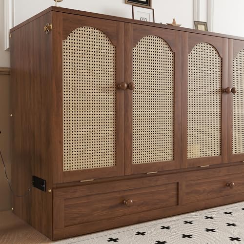 KEIKI Queen Size Murphy Bed Cabinet with Power Station & Large Drawer, Pine Wood Folding Chest Bed with Rattan Panel, Space-Saving Wall Bed, Walnut KEIKI