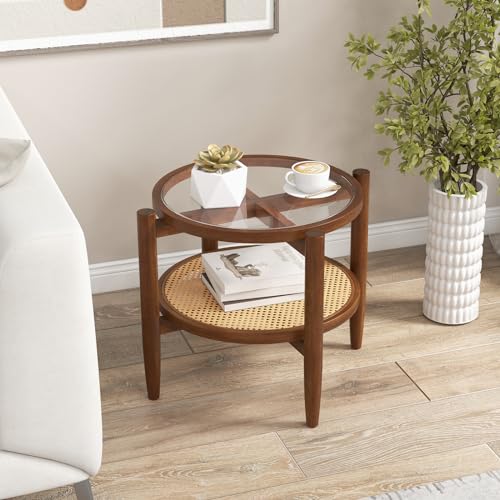 Giantex Rattan Round End Table, Walnut Boho Nightstand with Tempered Glass Top and Acacia Wood Legs, 2-Tier Side Table with Storage, Bedside Tables for Small Spaces Living Room Bedroom Giantex