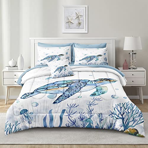 Ocean Themed Bedding Sets - 8 Pieces Queen Bed in A Bag - Teal Blue Turtle & Sea Horse Animal Cartoon Pattern Beach Coastal Bedding Comforter Bedorm