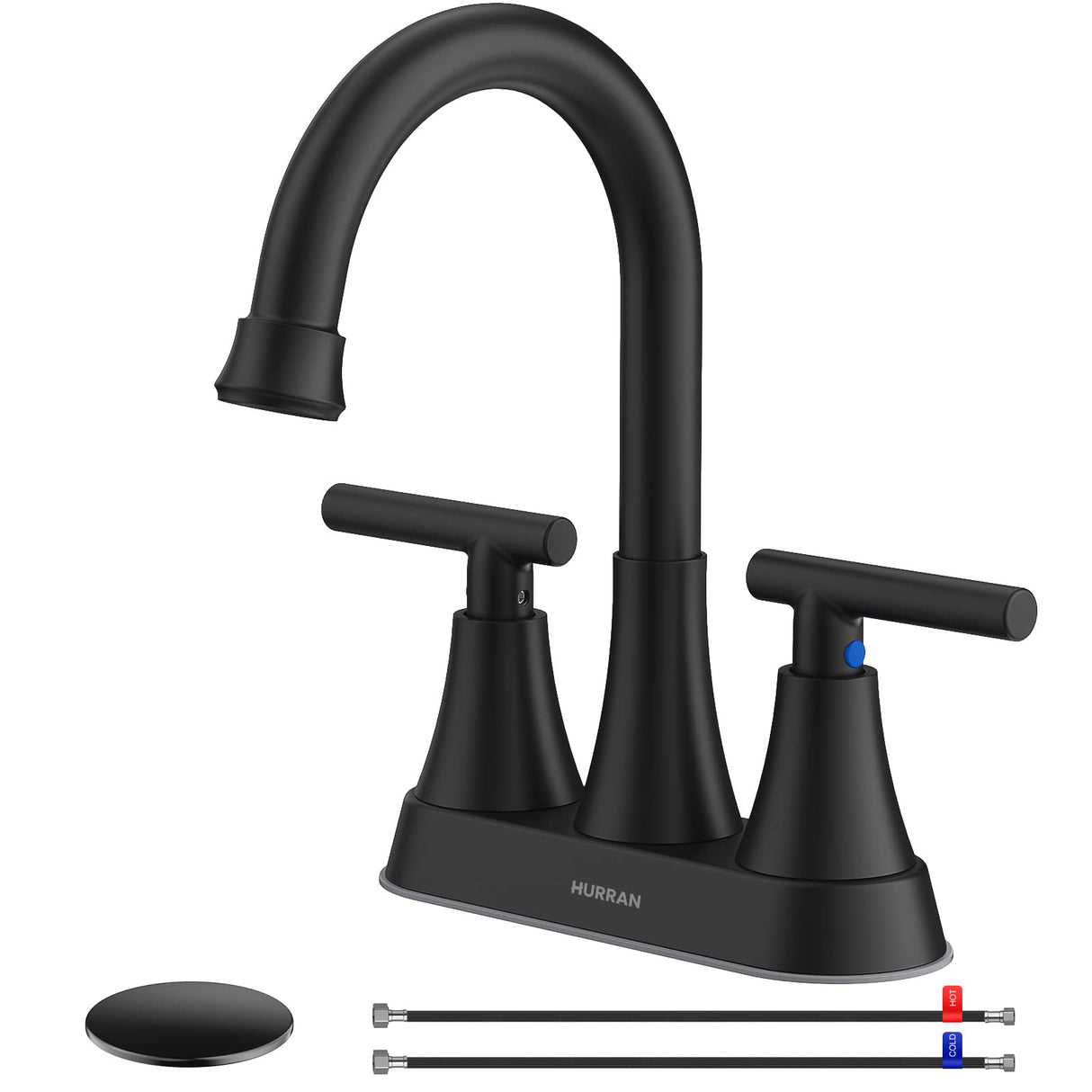Bathroom Faucets for Sink 3 Hole, Hurran 4 inch Matte Black with Pop-up Drain and 2 Supply Hoses, Stainless Steel Lead-Free 2-Handle Centerset Faucet for Sink Vanity Hurran