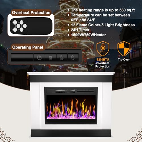23“ Electric Fireplace Insert, 1500W/1000W Electric Fireplace Heater for Indoor Use with 12 Colors Adjustable Flame, Fireplace Stove for Home Office, Fake Fireplace with Remote Control CUOZOVA