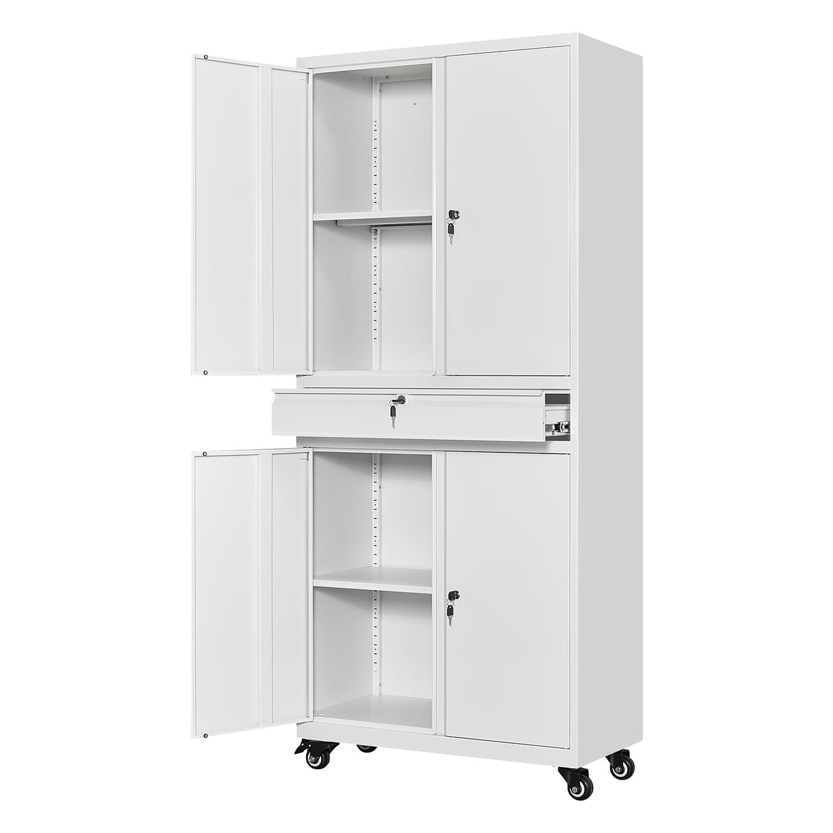 AFAIF White Metal Storage Cabinet with Wheels, 73" Tall Garage Rolling Storage Cabinet with Doors and Shelves, Lockable Tool Cabinet Steel Locking Cabinets for Home Office, Garage, Pantry AFAIF