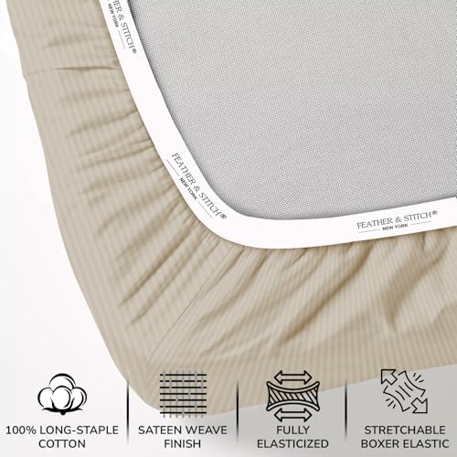 Feather & Stitch 500 TC King Size Damask Bed Sheet Set, 100% Cotton Soft Breathable Bedsheets, 4 Piece 18" Deep Pockets Sateen Weave Striped Bedding Mattress Resort Hotel Luxury- (Beige Stripe)