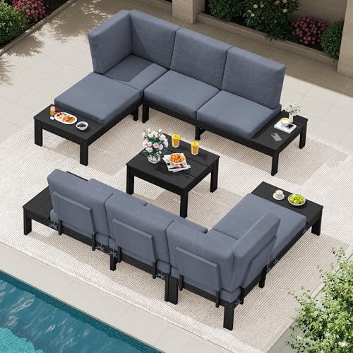 SERWALL HDPE Patio Furniture Set, All-Weather Outdoor Sofa Set, Seats 4, Patio Conversation Set, Modular Outdoor Sectional Furniture for Garden, Porch and Backyard, Black Frame with Grey Cushion SERWALL