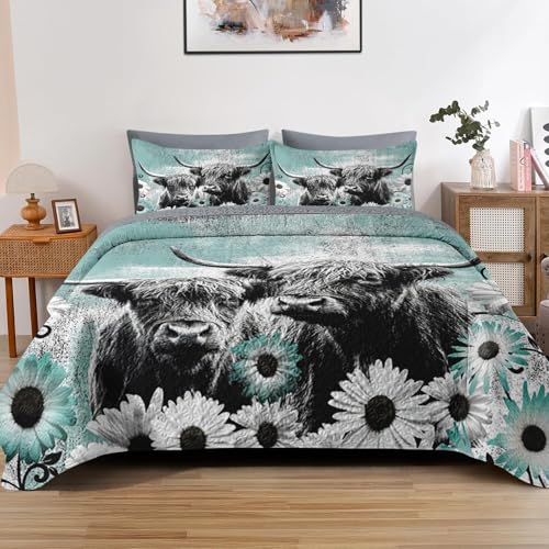 Pamnest Quilt Set King Size, Highland Cow Animal 3 Pcs Soft Bed Cover Bedding Set for Kids and Adults, Farm Daisy Lightweight Bedspread Coverlet with Pillow Sham for All Season Pamnest