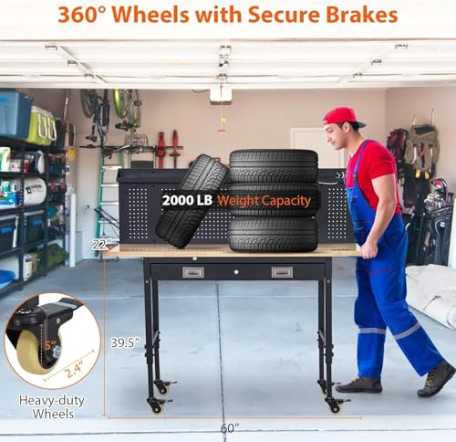 60-Inch Garage Workbench with Wheels, Adjustable Rubber Wood Top Garage Workbench with Pegboard & Drawer & Power Outlet, 2000 lbs Load Capacity, for Workshop, Woodworking, Office WARMTOBABY