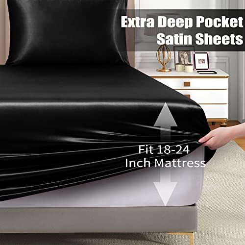 VACVELT 3pcs Extra Deep Pocket Satin Fitted Sheet Set Queen Bed Set, Black Bottom Sheet Fit 18-24 Inch Deep Pocket Mattress, Silky Bedding Set Soft & Ultra Deep Fitted Sheet & 2 Pillowcase VACVELT