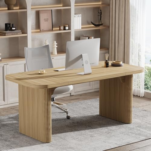 Tribesigns 62" Executive Desk, Large Computer Office Desk with Double Pedestal, Modern Simple Style Natural Wood Top Rectangle Writing Desk for Home Office (Natural) Tribesigns
