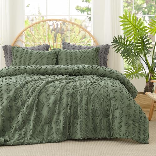 Amélie Home Boho Comforter Set, 2 Piece Bedding Set with 1 Pillow Case, Soft Microfiber Comforter with Hollow Fiber Fill, Lightweight All-Season Comforter for Farmhouse & Modern Bedroom, Twin, Green Amélie Home