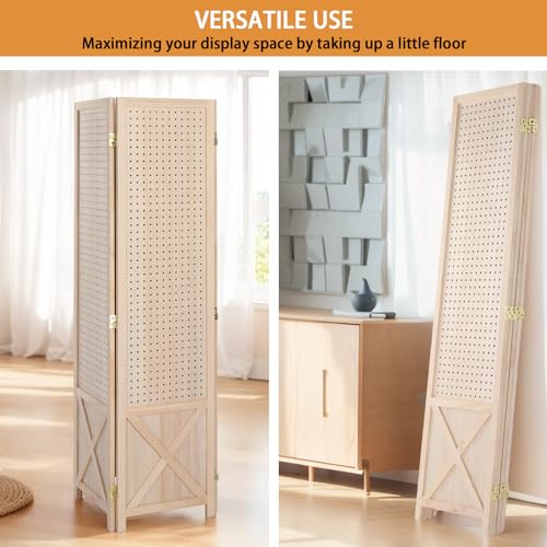 VINGLI Freestanding Pegboard with Support Feet, 5 FT Wood Room Divider Display Board Organizer, Folding Privacy Screen Partition Space Separator for Craft Shows Events Retail (Natural, 4 Panel) VINGLI