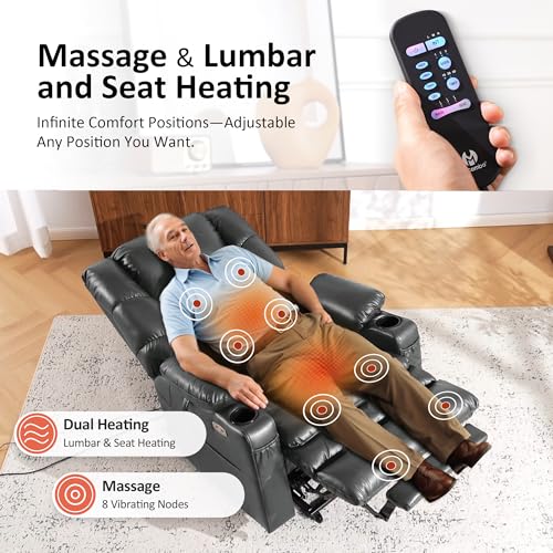 MCombo Big Man Power Lay Flat Lift Chair, Oversized Triple Motor Power Lift Recliner with Massage & Dual Heating, Adjustable Headrest, Faux Leather R7635 (Dark Grey, Large-Oversize)