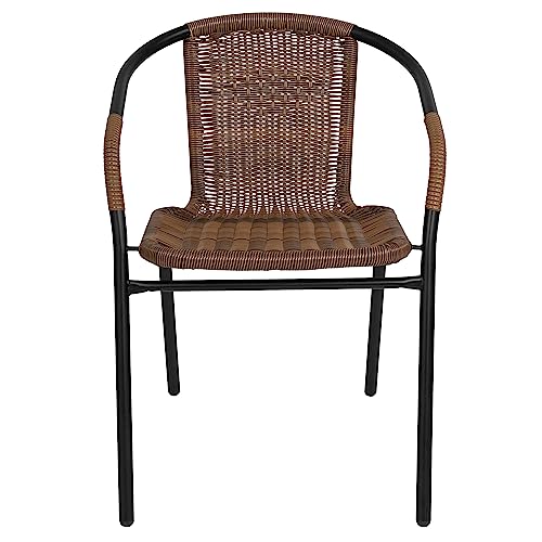 Flash Furniture Lila Modern Rattan Indoor/Outdoor Stackable Dining Chairs, Stacking Rattan Bistro Chairs for Patio or Restaurant, Set of 4, Brown Flash Furniture