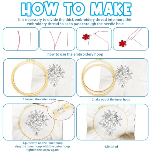 ACRNIGHEET 5PCS Embroidery Kit for Beginners Embroidery Flower Sewing Pre Printed Pattern Embroidery Starter Kit with Instructions, Including 5 Stamped Embroidery Cloth and Various Accessories