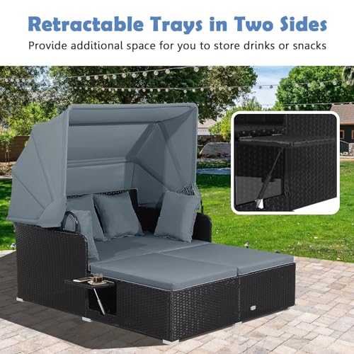 Salches Outdoor Rattan Daybed with Retractable Canopy, High-Resilient Soft Cushions, Foldable Side Trays, Outdoor Bed Loveseat for Garden, Backyard, Porch (Gray) Generic