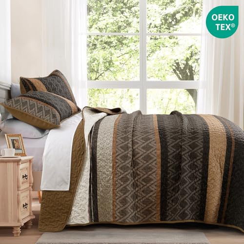 Dinjoy King Size Quilt Set Boho, Soft 3 Pieces Striped Bedspreads Quilts Brown Bedding Sets Boho Lightweight Quilted Coverlets Set Fall Bed for All Seasons 110"x90" Dinjoy