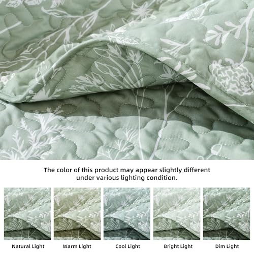 JANZAA Quilts Queen Size Sage Green Quilt Botanical with Floral Pattern Microfiber Bedspreads Queen Size 3 Pieces Lightweight Comforter Reversible Bedding Set with 2 Pillow Cases JANZAA