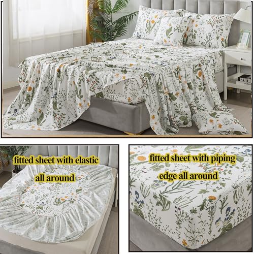 FADFAY 100% Egyptian Cotton Sheets Twin Botanical Printed Floral Sheets Yellow Flowers & Leaves Pattern Farmhouse Bedding Soft and Breathable French Country Bedding 4Pcs Deep Pocket Twin Sheet Set FADFAY