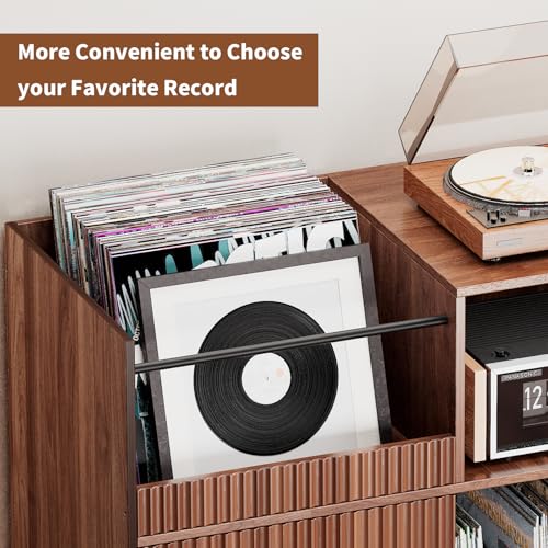 fineway Large Record Player Stand with Power Outlets & LED Lights, Record Player Table Cabinet with Vinyl Record Storage Holds up to 500 Albums, Turntable Stand for Living Room, Bedroom fineway