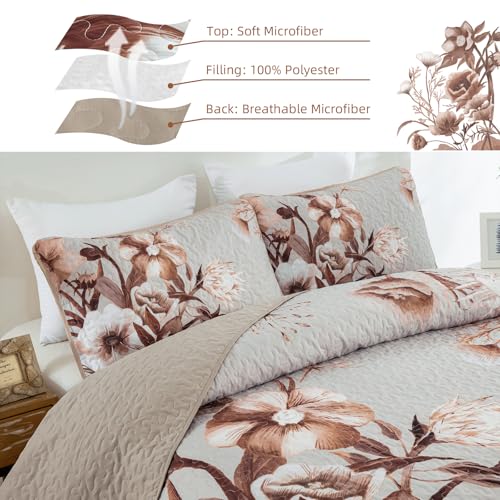 Khaki Quilt Set King Size Bedding Set 3 Pieces Boho Floral Quilt Bedspread Soft Microfiber Lightweight Flower Coverlet Set with 2 Pillow Shams for All Season 90"x104" Drucon