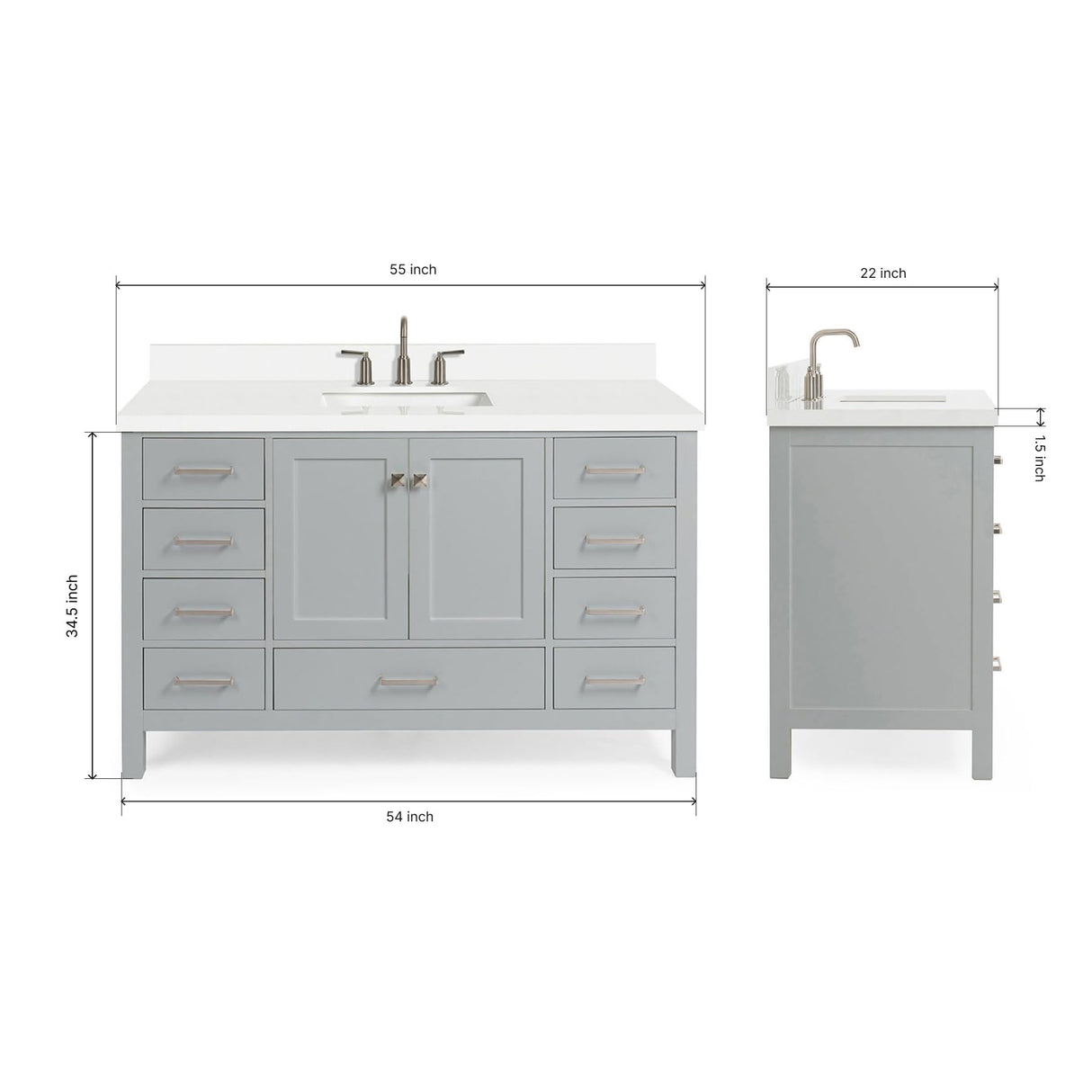 ARIEL Cambridge 55" Grey Bathroom Vanity with Sink, 1.5" Edge Pure White Quartz Countertop & Backsplash, Center Rectangular Sink, 2 Soft Closing Doors, 9 Full Extension Dovetail Drawers ARIEL