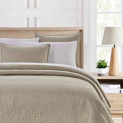 BOURINA Ultrasonic Quilt Set Bedspreads 3-Piece Bedding Set Pre-Washed Microfiber Ultra Soft Lightweight Flower Coverlet Set for All Season, King Beige BOURINA