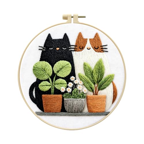 Zhenqing Cats and Potted Plants Embroidery Kit for Beginners, Pre-Printed 29x29cm Cotton Fabric with 20cm Hoop, Cute Cat Duo Design for Home Decor(JC0010)