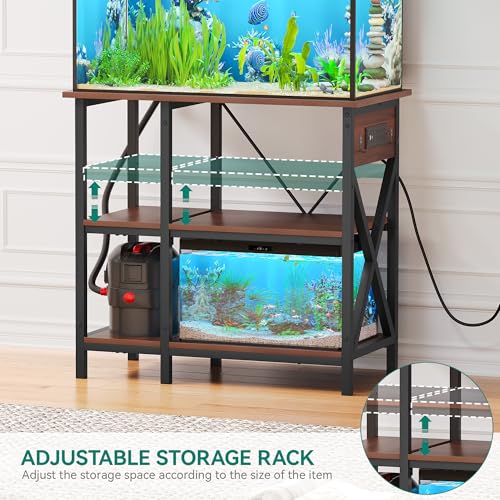YITAHOME 10-29-37 Gallon Fish Tank Stand with Power Outlet, 30x16 Inch Metal Aquarium Stand with 3-Tier Adjustable Storage Shelves and Hooks, 450LBS Capacity, Rustic Brown YITAHOME