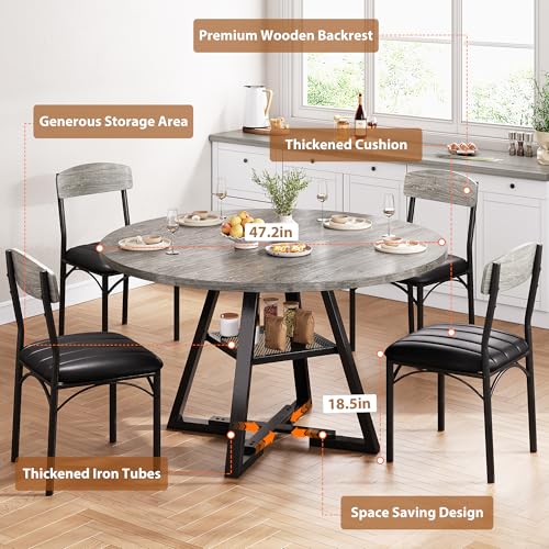 Round Dining Table Set for 4, Kitchen Table and Chairs for 4, Circle Table Round Pedestal Dining Room Dinner Dinette Table Set,5 Piece Space Saving Wood Kitchen & Dining Room Tables (Grey, 42In) Jocoevol