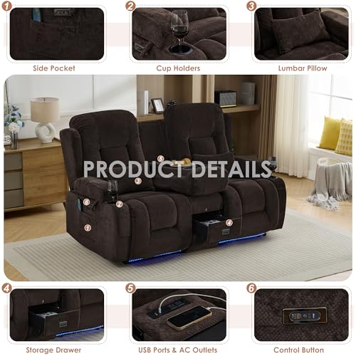 TUNYI Wall Hugger Loveseat Recliner Sofa with Console, Power Reclining Loveseat RV Couch with Massage & Heat/USB/Outlet/Storage/LED Light/Speaker (Brown)