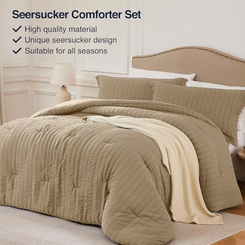 Quataly Brown Full Comforter Set - 3 Pieces Seersucker Lightweight Bedding Comforter Sets (1 Soft Fluffy Comforter & 2 Pillowcases) - All Seasons Cozy Modern Bed Sets Quataly