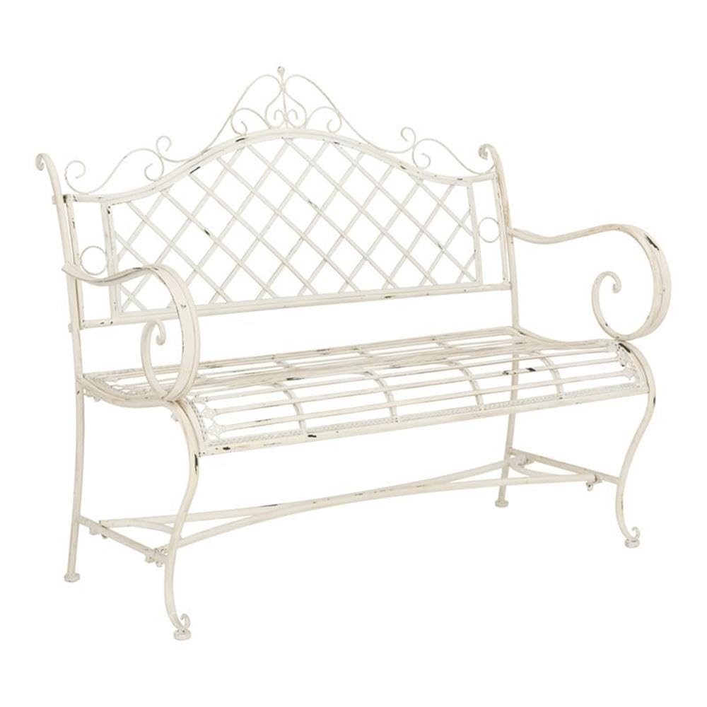 SAFAVIEH PAT5017A Collection Adina Antique White Wrought Iron 51.25" Outdoor Garden Bench SAFAVIEH