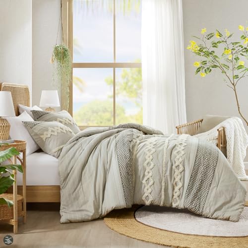 Hyde Lane Farmhouse Comforter Set Gray, Full/Queen Size Boho Bedding Sets, Cotton Top with Modern Neutral Style Clipped Jacquard Stripes, 3-Pieces Including Matching Pillow Shams (90x90 inches) Hyde Lane