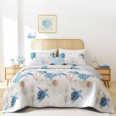 weigelia Coastal Quilts Bedding Set Twin Size - Summer Sea Turtles Nautical Bedding Quilt with Pillow Cases, Beach Reversible Quilt Set Bedspreads Coverlet Soft Lightweight Comforter