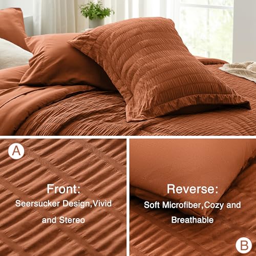 Love's cabin Seersucker Terracotta Twin Comforter Set, 5-Piece All Season Lightweight Bed in a Bag Bedding Set with Comforter, Flat Sheet, Fitted Sheet, Pillowcase and Sham Love's cabin