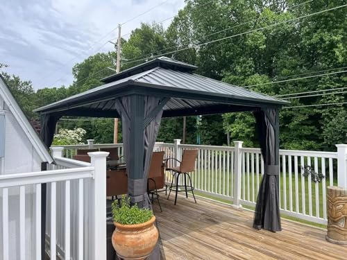 Domi 10’ X 12’ Hardtop Gazebo Canopy with Netting & Curtains, Outdoor Aluminum Gazebo with Galvanized Steel Double Roof for Patio Lawn and Garden, Gray domi outdoor living