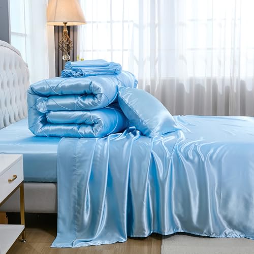 Silk Like Comforter Set Queen Satin Bedding Set Silky Bed in a Bag 8 Pcs with 1 Cushion Cover Pinch Pleat Bed Set Luxury Elegant Silky Ruffle Comforters Bedding_Dreamer