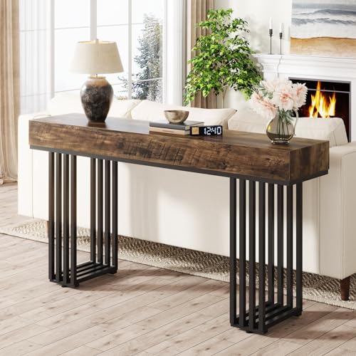Tribesigns 55-Inch Console Table for Entryway, Industrial Hallway Table with Stylish Metal Frame, Sofa Foyer Table for Living Room, Entrance, Brown & Black. Tribesigns