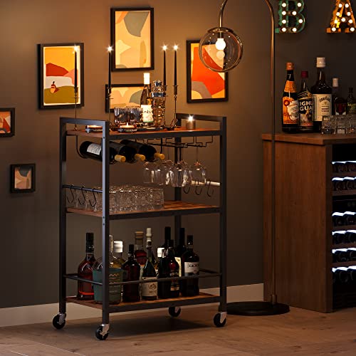 TUTOTAK Bar Cart, Serving Cart for Home, Microwave Cart, Drink Cart, Mobile Kitchen Shelf with Wine Rack and Glass Holder, Rolling Beverage Cart BC01BB030 TUTOTAK