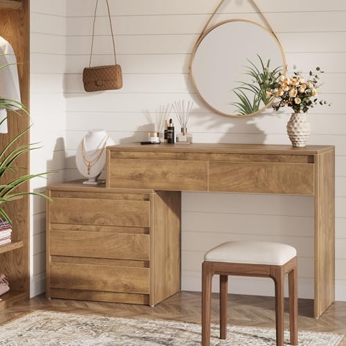 Tribesigns 63" Vanity Desk with 5 Drawers for Bedroom, Makeup Table with Removable 3-Drawer Chest Cabinet & Storage, Modern Large Dressing Table for Women Girl, Make up Desk for Bedroom Tribesigns