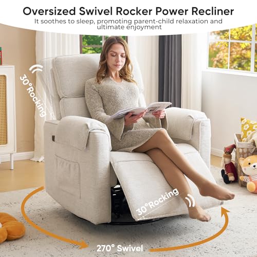 Rhevoy 24" Extra Wide Swivel Rocker Recliner Chair with Adjustable Headrest, Oversized Power Rocker Recliner with Overstuffed Armrest, Chenille Rocking Chair Nursery with USB Ports, White