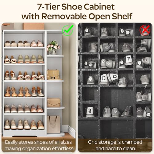 YATINEY Tall Shoe Cabinet with Open Storage, Multifunctional Shoe Rack, 7-Tier Wooden Shoe Storage Cabinet with Adjustable Shelves, Entryway Shoe Organizer for Closet, Hallway, White SC02WT YATINEY