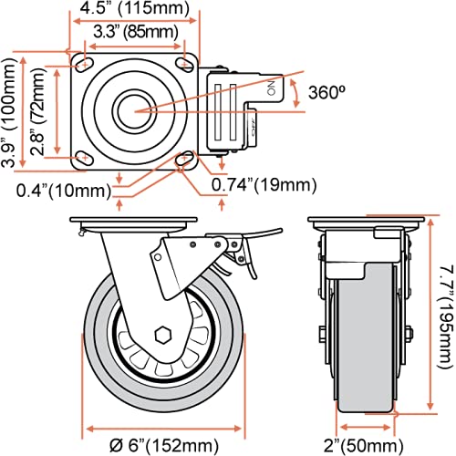 FactorDuty 6" X 2" Heavy Duty Caster Set of 4 Locking Swivel Caster Wheels Polyurethane On Polyolefin Industrial Grade Premium Quality 3600lbs Total Capacity FactorDuty