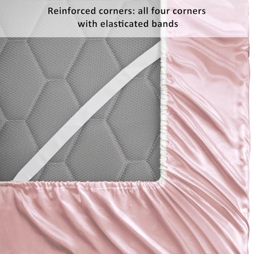 Lirex Satin Fitted Sheet, Luxurious Silky Smooth Polyester Bedding Soft Deep Pocket Bed Sheets Mattress Cover, Full, Light Pink Lirex