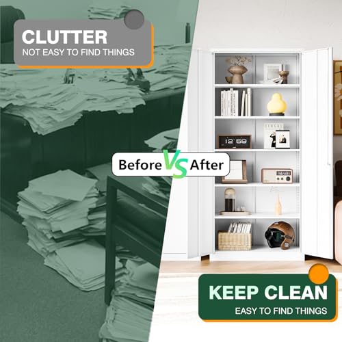 Letaya Metal White Storage Cabinet with Lock-71 Tall Metal Pantry Cabinets,5 Adjustable Shelves and Door for Home,Office,Kitchen,Warehouse,Utility Room(White) Letaya