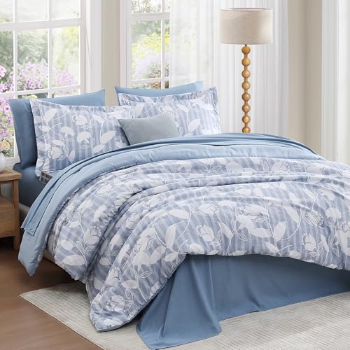 BLOOMHAVEN Queen Comforter Set -7 Pieces Blue Floral Comforter Set for All Seasons, Bed in a Bag Queen with Botanical Flowers Comforter, Sheets, Pillowcases & Shams BLOOMHAVEN
