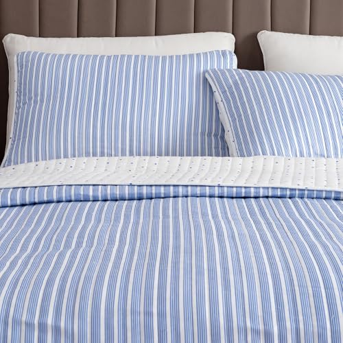 Great Bay Home 3-Piece King Reversible Lightweight Quilt Comforter with 2 Shams | All-Season, Modern, Striped Bedspreads | Blue Striped Coverlet Sets | Marcie Quilts Collection Great Bay Home