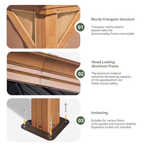 Aoxun 10' x 12' Hardtop Gazebo, Wooden Finish Coated Aluminum Frame Canopy, Galvanized Steel Double Top, Outdoor Permanent Metal Pavilion with Curtains and Netting, for Backyard, Patio and Deck Aoxun